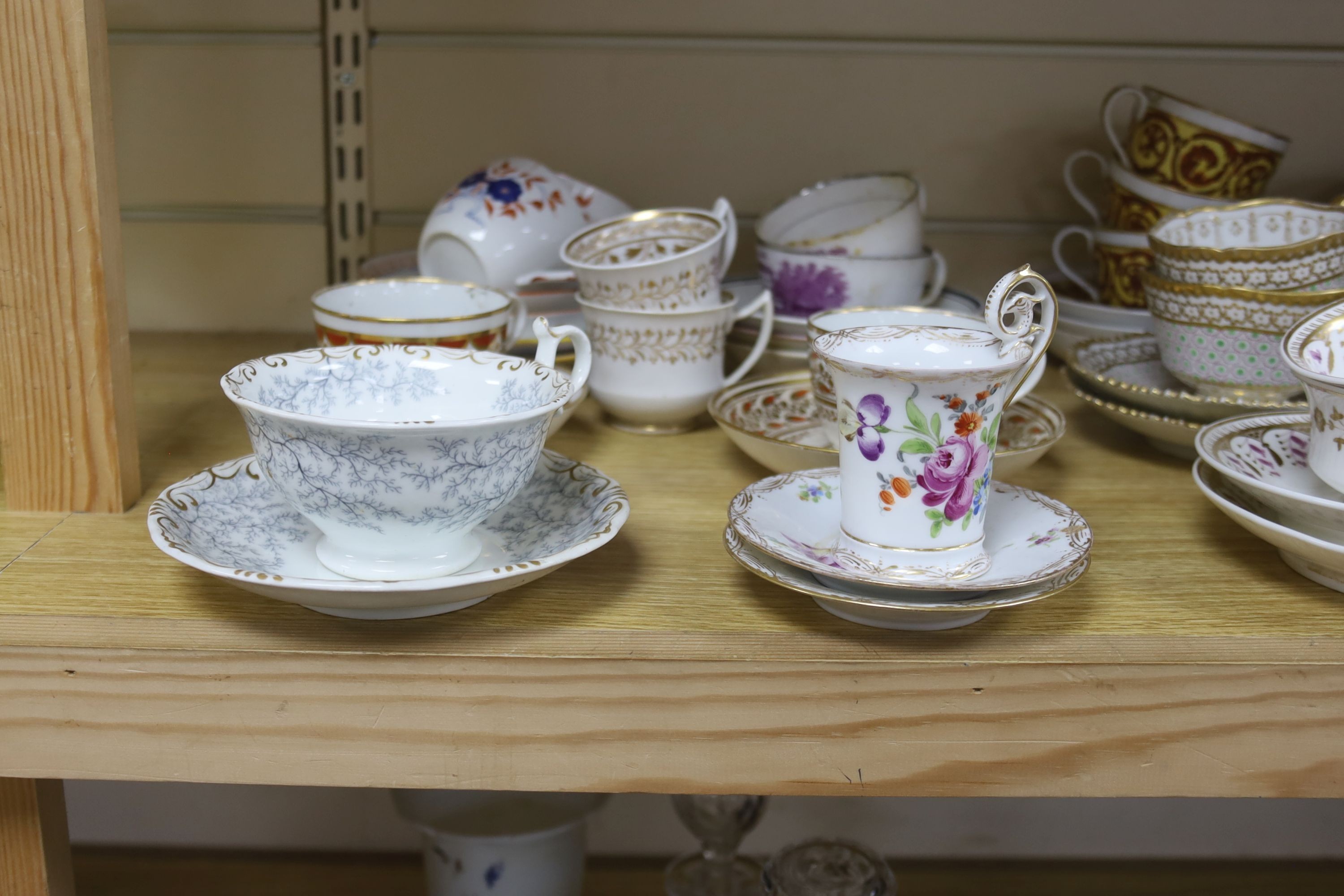 A group of 19th century and later cups and saucers, etc., majority English porcelain